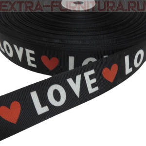Лента репсовая шир.25мм цв.черный с белой печатью "LOVE" и красными серцами, арт.36136 (уп.91,4м)